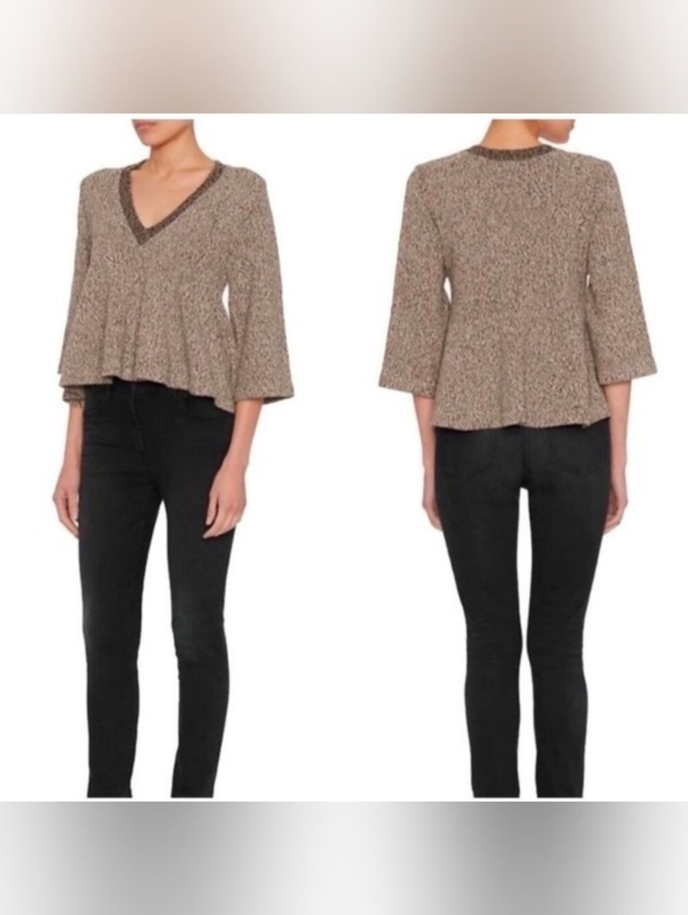 Apiece Apart Cropped Swing Neutral V-Neck Marled Sweater, Small, Gray, Peplum